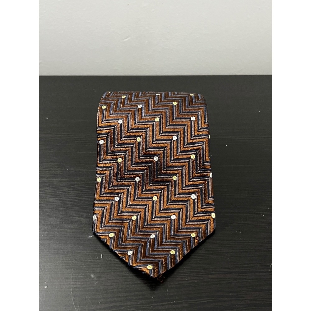 Mondo di Marco‎ Mens Silk Tie Italy Bronze Navy Blue Chevron Zigzag Polka Dot 4"
